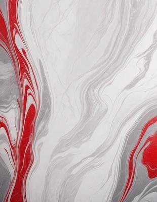 The primary subject of the image is a red and white marbled pattern, which is the main focus of the image. The setting is a white and grey marbled surface, which serves as the backdrop for the pattern. The visual style of the image is a combination of photo and digital art, creating a unique and intricate design. The dominant colors in the image are red and white, with the red marbled pattern standing out against the white and grey marbled surface. The overall atmosphere of the image is elegant and sophisticated,