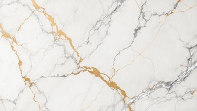 The primary subject of the image is a marble wall with a gold-colored pattern. The setting is a room with a white marble surface. The visual style is a close-up of the marble wall, showcasing the intricate gold pattern. The colors and mood of the image are predominantly white and gold, creating a luxurious and elegant atmosphere.