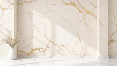 The primary subject of the image is a marble wall with a gold-colored pattern. The setting is a room with a window, and the visual style is a photo. The colors and mood of the image are predominantly white and gold, creating a luxurious and elegant atmosphere.