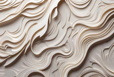 The primary subject of the image is a large, textured wall made of paper. The setting is a white wall, and the visual style is a combination of digital art and illustration. The colors and mood of the image are predominantly white, giving it a clean and minimalist appearance.