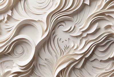 The primary subject of the image is a white sculpture or artwork, possibly a paper sculpture or a wall hanging. The setting is a white background, which provides a clean and minimalist appearance. The visual style is a combination of digital art and illustration, as the artwork appears to be a digital creation or a hand-drawn illustration. The colors and mood of the image are predominantly white, giving it a clean and serene atmosphere.