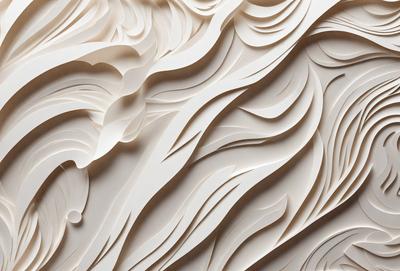 The primary subject of the image is a large, intricate, and textured wall made of paper. The setting is a white wall, and the visual style is a combination of digital art and illustration. The colors and mood of the image are predominantly white, giving it a clean and minimalist appearance.