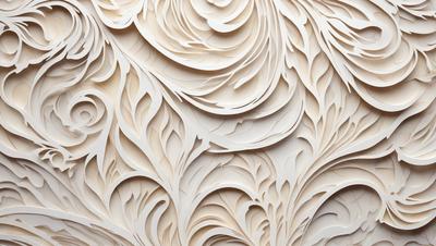 The primary subject of the image is a white, textured wall with a pattern of swirls and curves. The setting is a room with a white background, and the visual style appears to be a combination of digital art and illustration. The dominant colors are white and cream, creating a clean and elegant atmosphere.
