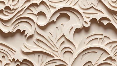 The primary subject of the image is a white, intricately carved design on a wall. The setting is a room with a white wall, and the visual style appears to be a combination of digital art and illustration. The design features a combination of flowers and waves, creating a unique and artistic pattern. The colors in the design are predominantly white, giving the overall atmosphere a clean and elegant feel.