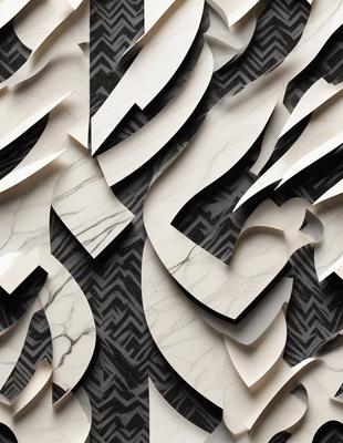 The primary subject of the image is a marble wall with a pattern of black and white chevrons. The setting is a room with a black and white marble wall, which serves as the background. The visual style is a combination of a photo and digital art, creating a unique and intricate pattern. The colors and mood of the image are predominantly black and white, giving it a modern and sophisticated appearance.
