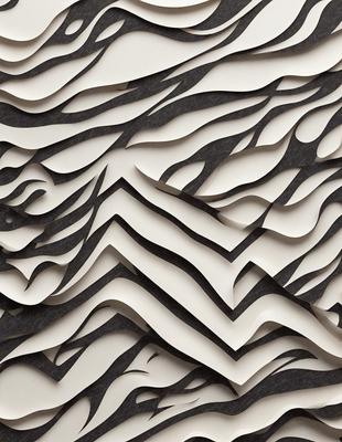The primary subject of the image is a zebra pattern, which is a black and white design. The setting is a wall, and the visual style is a combination of a photo and digital art. The dominant colors are black and white, and the overall atmosphere is bold and striking.