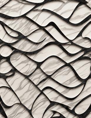 The primary subject of the image is a marble wall with a black and white pattern. The setting is a room with a black and white marble wall as the main focus. The visual style is a black and white pattern, which gives the image a classic and elegant appearance. The colors and mood of the image are predominantly black and white, creating a sophisticated and timeless atmosphere.