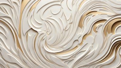The primary subject of the image is a large, intricate sculpture made of paper. The sculpture is white and features a wave-like design. The setting is a wall, and the visual style is a combination of digital art and illustration. The colors and mood of the image are predominantly white, giving it a clean and minimalist appearance.