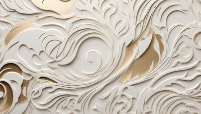 The primary subject of the image is a white sculpture or artwork, possibly a paper cutout or a carved piece, featuring a design that resembles a flower or a swirl. The setting is a wall, and the visual style appears to be a combination of digital art and traditional craftsmanship. The colors and mood of the artwork are predominantly white, giving it a clean and elegant appearance.