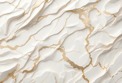 The primary subject of the image is a white marble wall with gold accents. The setting is a room with a white marble wall as the main focus. The visual style is a combination of a photo and digital art, creating a unique and intricate design. The dominant colors are white and gold, giving the wall a luxurious and elegant appearance.