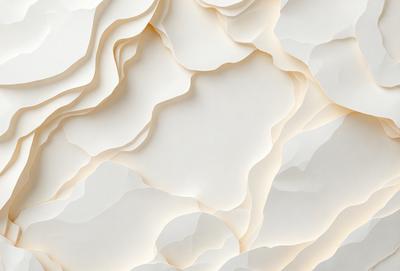 The primary subject of the image is a white, textured wall with a pattern of folded paper. The setting is a room with a white background, and the visual style appears to be a combination of digital art and illustration. The dominant colors are white and cream, creating a clean and minimalist atmosphere.