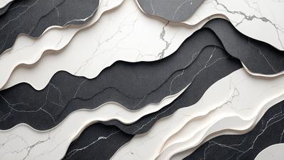 The primary subject of the image is a marble wall with a black and white pattern. The setting is a room with a white background. The visual style is a combination of photo and digital art, creating a unique and artistic representation of the marble wall. The dominant colors are black and white, giving the image a classic and elegant appearance.
