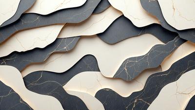 The primary subject of the image is a patterned wall made of marble. The setting is a room with a marble wall as the main focus. The visual style is a combination of photo and digital art, creating a unique and intricate design. The colors and mood of the image are predominantly black and white, giving it a sophisticated and elegant appearance.