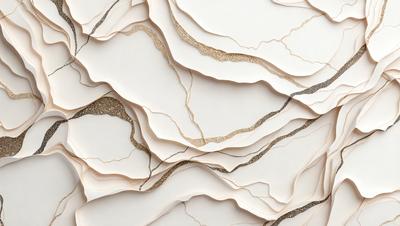 The primary subject of the image is a wall covered in a unique and intricate design. The setting is a room with a white background, and the visual style appears to be a combination of digital art and illustration. The colors and mood of the image are predominantly white, with some gold accents, giving it a clean and elegant appearance.