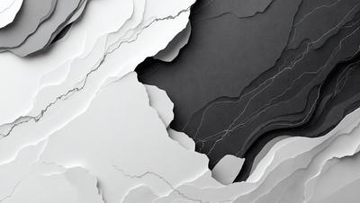 The primary subject of the image is a close-up of a black and white marble surface. The setting is a rocky, textured environment, and the visual style is a combination of a photo and digital art. The dominant colors are black and white, creating a dramatic and moody atmosphere.