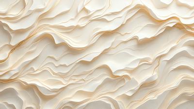 The primary subject of the image is a large, white, and gold wallpaper with a textured design. The setting is a white wall, and the visual style is a combination of photo and digital art. The colors and mood of the image are predominantly white and gold, creating a clean and elegant atmosphere.
