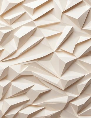The primary subject of the image is a large, white wall with a pattern of triangles. The setting is a room with a white background, and the visual style appears to be a combination of digital art and illustration. The dominant colors are white and beige, creating a clean and minimalist atmosphere.
