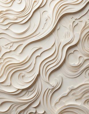 The primary subject of the image is a large, intricate sculpture made of paper. The sculpture is white and features a wave-like design, giving it a unique and artistic appearance. The setting is a wall, and the visual style is a combination of digital art and illustration. The colors and mood of the image are predominantly white, giving it a clean and minimalist feel.