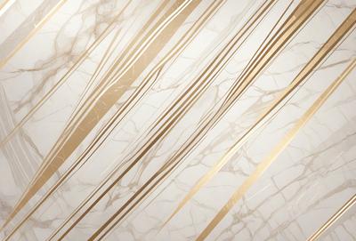 The primary subject of the image is a marble wall with a gold-colored pattern. The setting is a room with a white background. The visual style is a close-up of the marble wall, showcasing the intricate gold pattern. The colors and mood of the image are predominantly white and gold, creating a luxurious and elegant atmosphere.