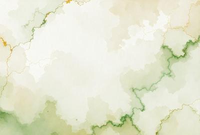 The primary subject of the image is a white, green, and yellow painting of a cloudy sky. The setting is a cloudy sky, and the visual style is a painting. The dominant colors are white, green, and yellow, creating a calm and serene atmosphere.