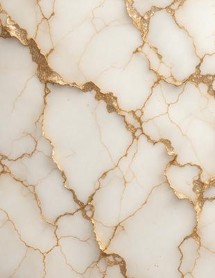 The primary subject of the image is a marble surface with a gold-like pattern. The setting is a white marble wall, and the visual style is a close-up of the marble surface. The colors and mood of the image are predominantly white and gold, creating a luxurious and elegant atmosphere.