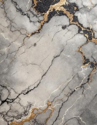 The primary subject of the image is a marble countertop with a gold-colored vein running through it. The setting is a kitchen, and the visual style is a close-up of the marble countertop. The colors and mood of the image are predominantly neutral, with the gold vein adding a touch of warmth and sophistication to the overall atmosphere.