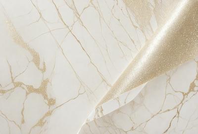 The primary subject of the image is a marble countertop with a gold-colored paper or fabric draped over it. The setting is a kitchen or bathroom, as the countertop is a common surface in these areas. The visual style is a combination of a photo and a pattern, as the gold paper or fabric appears to be a patterned material. The colors and mood of the image are warm and luxurious, with the gold color and marble surface creating an elegant and sophisticated atmosphere.