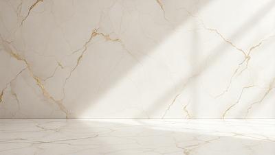 The primary subject of the image is a white marble wall with a gold-colored pattern. The setting is a room with a white floor, and the visual style is a photo. The dominant colors are white and gold, creating a clean and elegant atmosphere.
