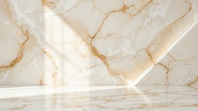 The primary subject of the image is a marble wall with a gold-colored pattern. The setting is a room with a marble floor, and the visual style is a photo. The dominant colors are gold and white, creating a luxurious and elegant atmosphere.