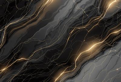 The primary subject of the image is a close-up of a marble surface with a pattern of light streaks. The setting is a dark room, and the visual style appears to be a combination of a photo and digital art. The colors and mood of the image are predominantly dark, with the light streaks adding a touch of brightness and contrast.