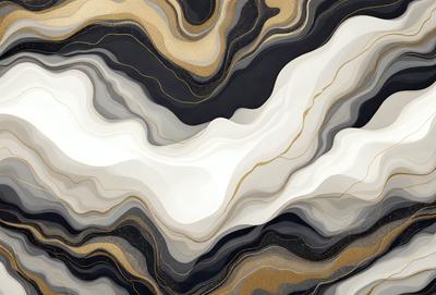 The primary subject of the image is a marble-like pattern, which is the main focus of the image. The setting is a black and white background, giving the image a classic and elegant appearance. The visual style is a combination of digital art and illustration, creating a unique and intricate design. The colors and mood of the image are predominantly black and white, with a touch of gold, giving it a sophisticated and timeless feel.
