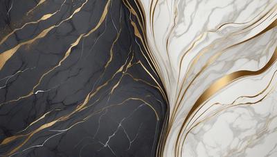 The primary subject of the image is a marble countertop with a gold and black pattern. The setting is a kitchen, and the visual style is a close-up of the countertop. The dominant colors are gold and black, creating a luxurious and elegant atmosphere.