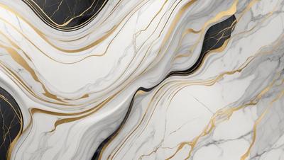 The primary subject of the image is a marble countertop with a gold and white pattern. The setting is a kitchen, and the visual style is a close-up of the marble countertop. The dominant colors are gold and white, creating a luxurious and elegant atmosphere.