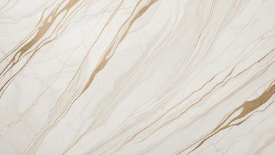 The primary subject of the image is a marble wall with a gold-colored pattern. The setting is a room with a white background. The visual style is a close-up of the marble wall, showcasing its intricate design. The colors and mood of the image are predominantly white and gold, creating a luxurious and elegant atmosphere.