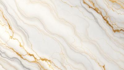 The primary subject of the image is a marble countertop with a gold-colored vein running through it. The setting is a kitchen, and the visual style is a close-up of the marble countertop. The colors and mood of the image are predominantly white and gold, giving it a luxurious and elegant appearance.