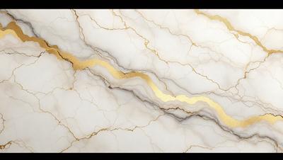 The primary subject of the image is a marble surface with gold accents. The setting is a marble countertop, and the visual style is a close-up of the marble surface. The colors and mood of the image are predominantly white and gold, giving it a luxurious and elegant appearance.