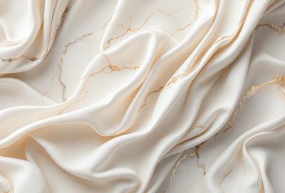 The primary subject of the image is a white sheet of fabric with gold accents. The setting is a marble surface, which adds a luxurious and elegant touch to the scene. The visual style is a combination of photo and digital art, creating a unique and intricate pattern. The colors are predominantly white and gold, giving the image a sophisticated and elegant mood.