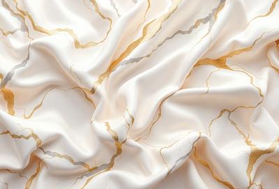 The primary subject of the image is a white fabric with gold and brown patterns. The setting is a white background, and the visual style appears to be a combination of photo and digital art. The dominant colors are white, gold, and brown, creating a warm and elegant atmosphere.