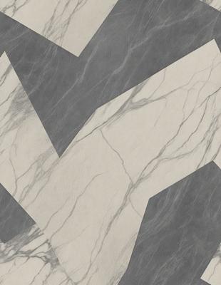 The primary subject of the image is a marble tile with a pattern of triangles. The setting is a grey and white marble surface, which serves as the background. The visual style is a close-up of the marble tile, showcasing its intricate pattern. The colors and mood of the image are predominantly grey and white, giving it a clean and elegant appearance.