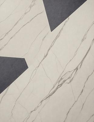 The primary subject of the image is a marble tile floor. The setting is a room with a gray and white color scheme. The visual style is a close-up of the floor, showcasing the marble tiles. The colors and mood of the image are predominantly gray and white, giving it a clean and elegant appearance.