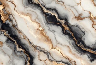 The primary subject of the image is a marble-like pattern with gold and black colors. The setting is a marble-like surface, which could be a wall or a countertop. The visual style is a close-up of the marble pattern, showcasing its intricate details. The colors and mood of the image are elegant and sophisticated, with the gold and black colors creating a luxurious and timeless atmosphere.