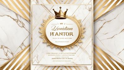 The primary subject of the image is a gold crown, which is placed on top of a white and gold circle. The setting is a white marble surface, which adds a sense of elegance and sophistication to the scene. The visual style is a combination of digital art and illustration, creating a unique and eye-catching design. The colors and mood of the image are predominantly gold and white, giving it a luxurious and royal atmosphere.