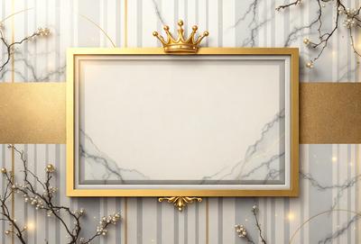 The primary subject of the image is a framed picture with a gold frame. The setting is a marble wall, and the visual style is a combination of photo and digital art. The colors are predominantly gold and white, creating a warm and elegant atmosphere.
