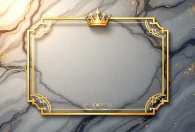 The primary subject of the image is a decorative frame with a gold crown on top. The setting is a marble surface, and the visual style is a combination of digital art and illustration. The colors are predominantly gold and brown, creating a warm and elegant atmosphere.