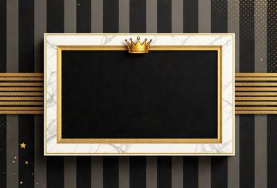The primary subject of the image is a black and gold frame with a marble background. The frame features a gold crown on top, giving it a royal appearance. The setting is a black and white striped background, which adds a contrasting touch to the overall composition. The visual style of the image is a combination of digital art and illustration, creating a unique and eye-catching design. The colors and mood of the image are predominantly black and gold, giving it a sophisticated and elegant feel.