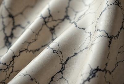 The primary subject of the image is a close-up of a marble-patterned fabric. The setting is a room with a marble-patterned wall, which adds to the overall atmosphere. The visual style is a close-up of the fabric, showcasing the intricate marble pattern. The colors and mood of the image are predominantly black and white, giving it a classic and elegant appearance.