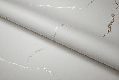 The primary subject of the image is a piece of fabric with a cracked and peeling surface. The setting is a room with a wall, and the visual style is a close-up of the fabric. The colors and mood of the image are predominantly gray, with a slightly distressed appearance.