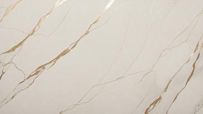 The primary subject of the image is a marble wall with a gold-colored design. The setting is a room with a white background, which contrasts with the gold and white marble. The visual style is a combination of a photo and digital art, creating a unique and elegant appearance. The colors and mood of the image are predominantly white and gold, giving it a luxurious and sophisticated feel.
