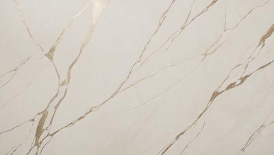 The primary subject of the image is a marble wall with a gold-like pattern. The setting is a room with a white background. The visual style is a close-up of the marble wall, showcasing its intricate design. The colors and mood of the image are predominantly white and gold, creating a luxurious and elegant atmosphere.