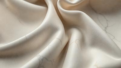 The primary subject of the image is a piece of fabric, possibly a sheet or a curtain, with a pattern of wrinkles and folds. The fabric is white and appears to be made of silk. The setting is a room with a marble table, and the visual style is a close-up of the fabric. The colors and mood of the image are predominantly white, giving it a clean and elegant appearance.